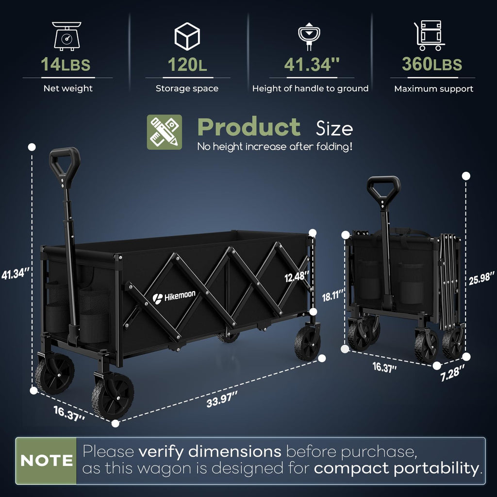 HIKEMOON 34'' Extra Long Folding Portable Wagon Cart, 120L 360LBS Black