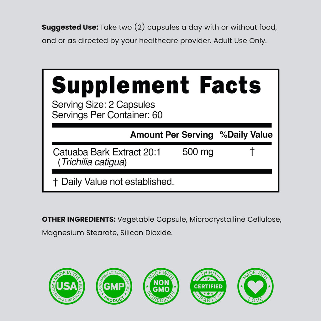 Catuaba Bark Extract 10,000mg Per Serving (120 Capsules) (Erythroxylum Catuaba) 3rd Party Tested - Drive & Stamina - Made in The USA - Gluten Free & Non-GMO - Vegan - For Men & Women - (120 Capsules)