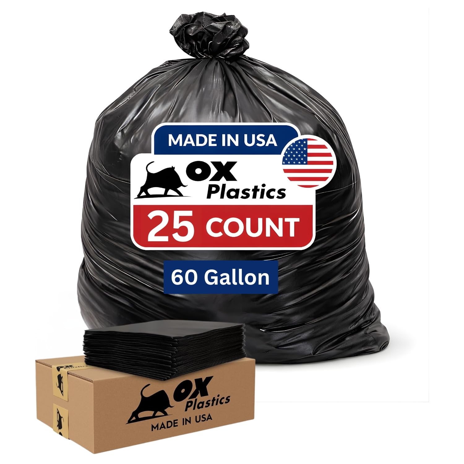 Ox Plastics 60 Gallon Trash Can Liners Bags - (25 Count) & 3mil Thick Extra Heavy Duty Strength - Large Garbage, Leak-Proof & Durable Bags