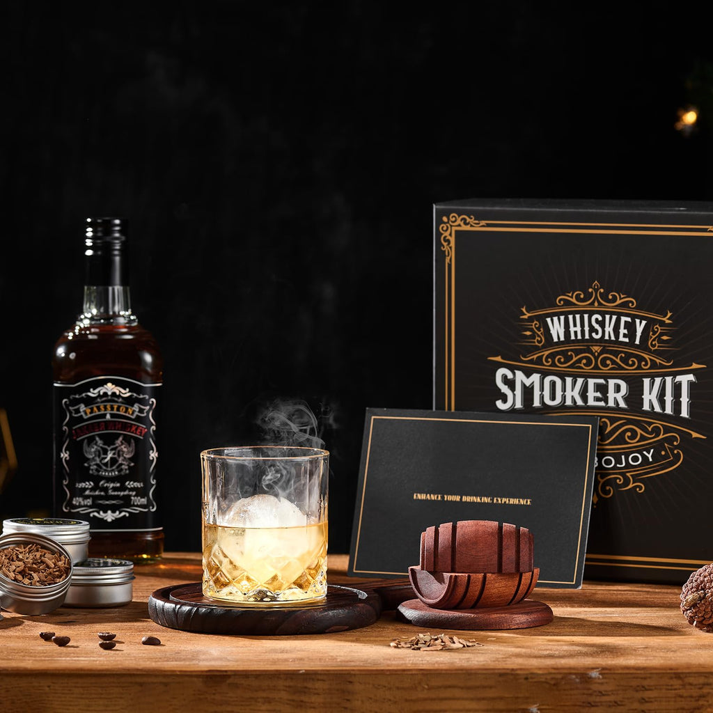 ComboJoy Whiskey Smoker Kit with Torch - 6 Flavors Wood Chips, 2 Glasses, 2 Ice Ball Molds - Cocktail Smoker Infuser Kit, Old Fashioned Drink Smoker Kit, Birthday Bourbon Gifts for Men,Dad(NO Butane)