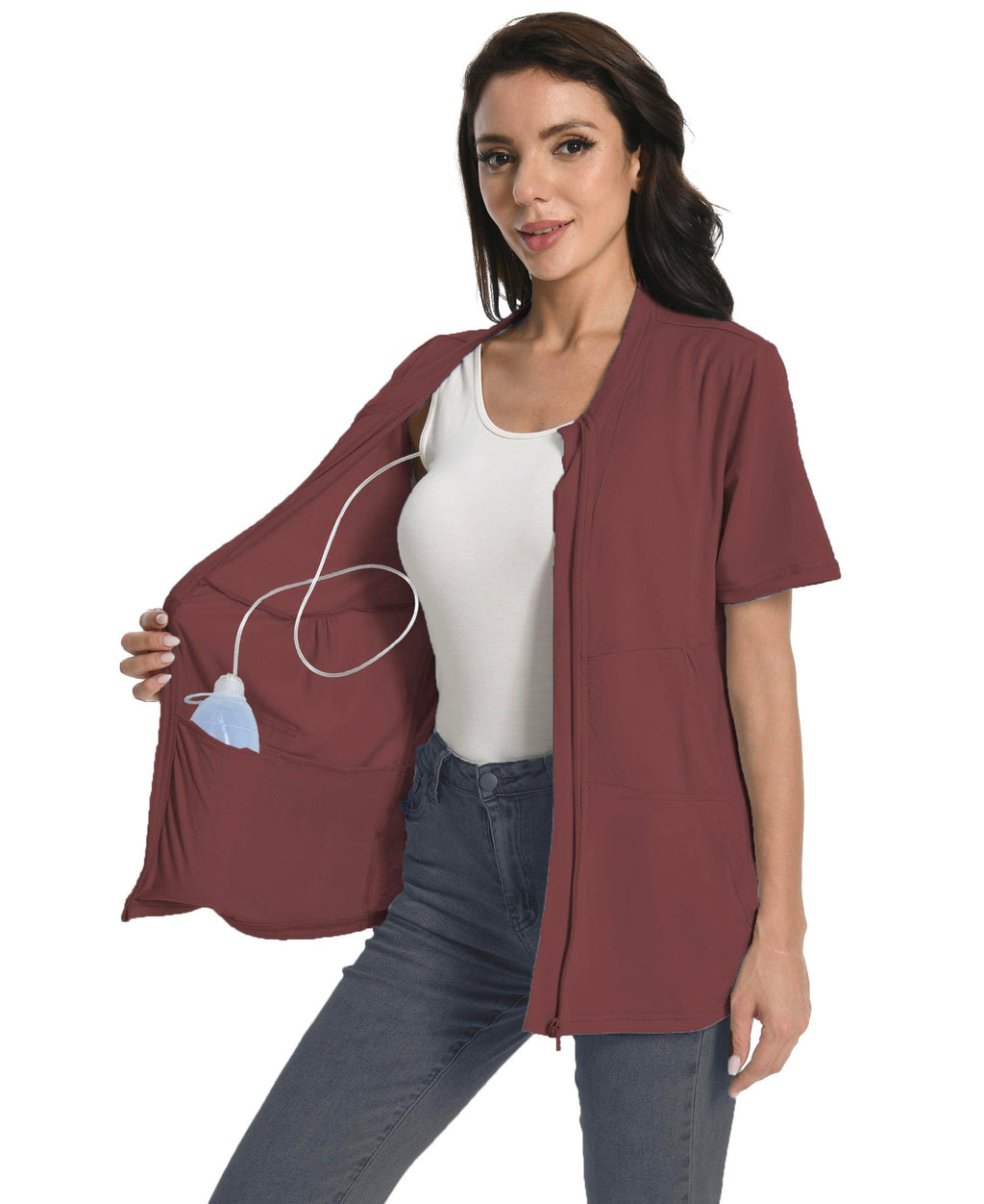 Mastectomy Shirt with Drain Pockets Breast Mastectomy Recovery Supplies Nephrostomy Drain Bag Tummy Tuck Must Haves Clothing Comfy Post OP Camisoles After Mastectomy Short Sleeve Shirts Wine Red