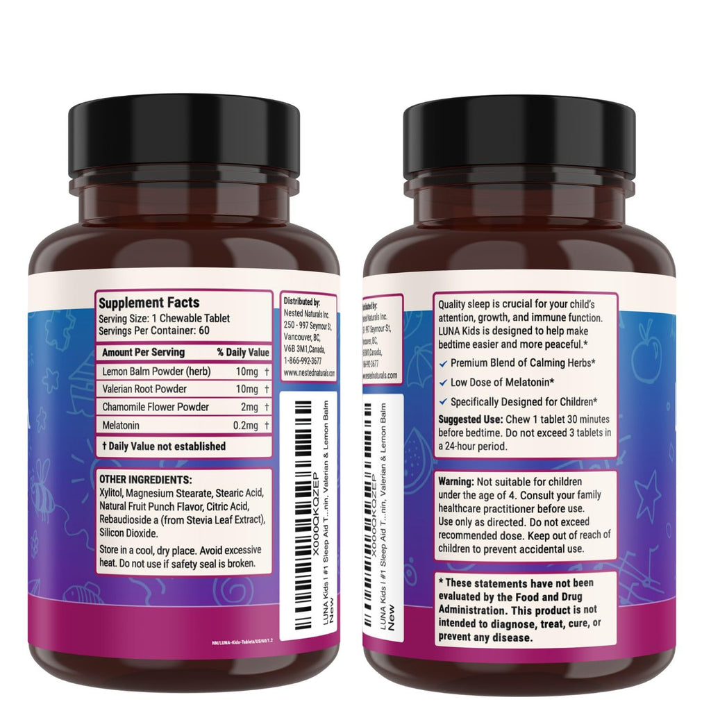 Nested Naturals Luna Kids Sleep Aid Tablets for Children 4+ - Naturally Sourced Ingredients - Gentle, Herbal Sleep Supplement with Chamomile, Melatonin, Valerian & Lemon Balm - 60 Chewable Tablets