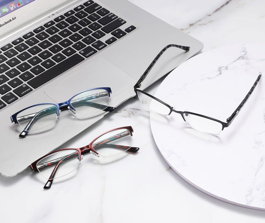 CRGATV 3-Pack Reading Glasses for Women Blue Light Blocking Metal Half Frame Computer Readers Anti UV/Eye Strain/Glare (+2.5 Magnification Strength)