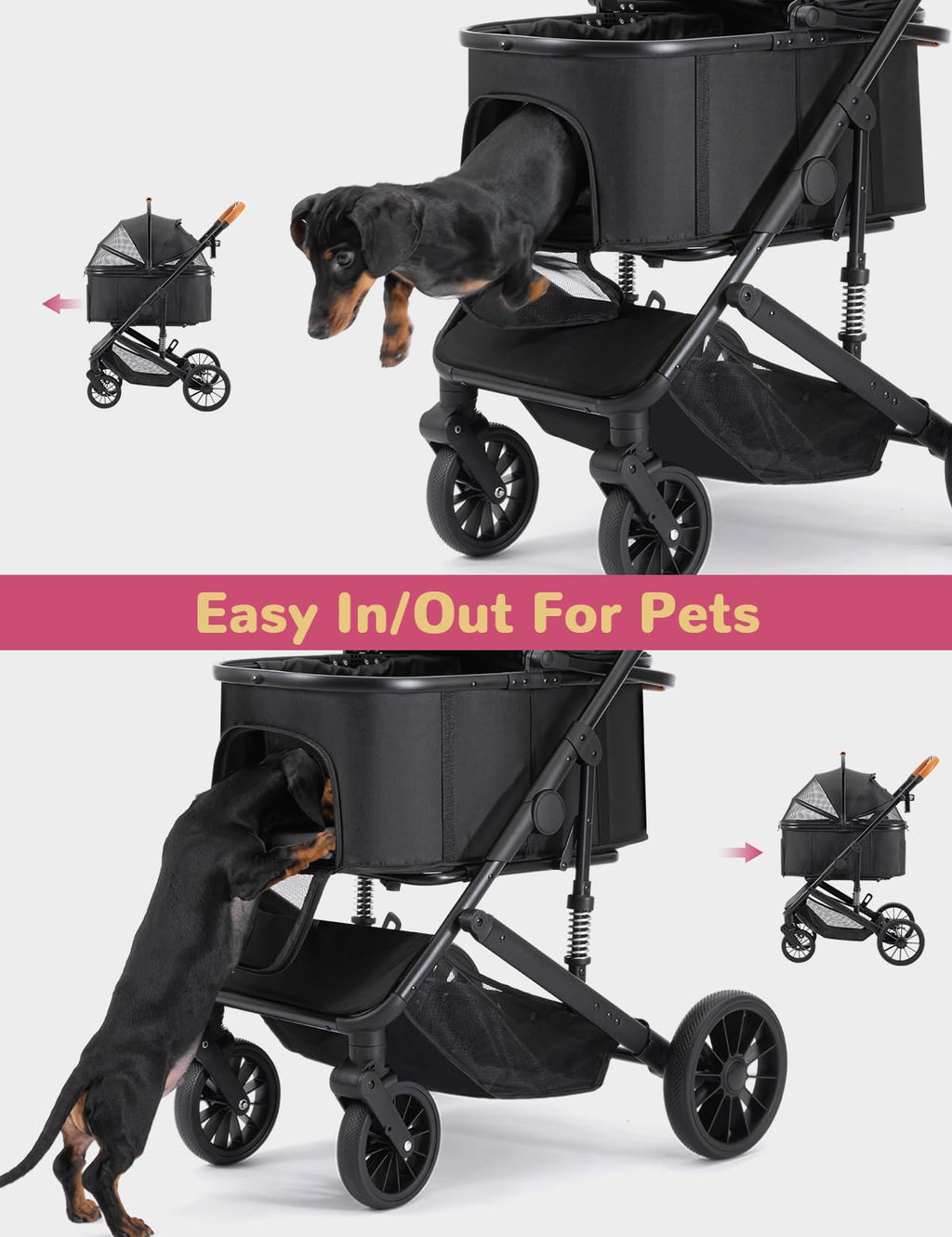SUNTHX Dog Stroller for Small Medium Dogs Up to 60lbs, 4 Wheels Folding Pet Stroller with Detachable Carrier, Pet Travel Carrier for 2 Dogs & Cats, Storage Basket, Breathable Mesh, Cup Holder, Black
