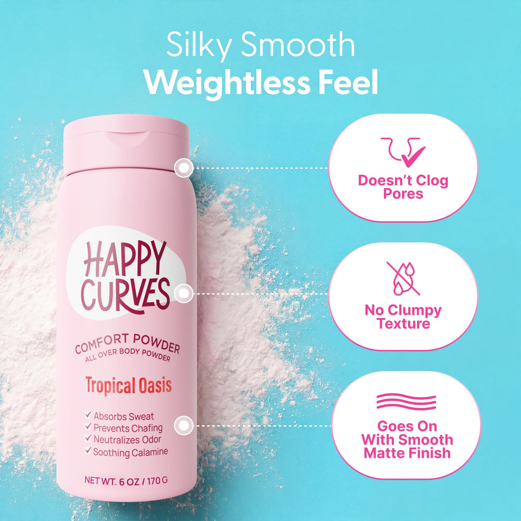 HAPPY CURVES Comfort Powder: Talc Free Anti Chafe Body & Foot Dusting Powder Deodorant to Control Inner Thigh Chafing, and Private Areas 6oz (Pack of 1) - Tropical Oasis