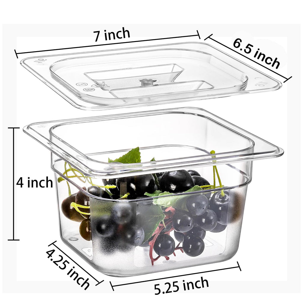 Bekith 6 Pack 1/6 Size Plastic Clear Food Pans with Lids for Kitchen Restaurant Food Prep, 4 Inches Deep