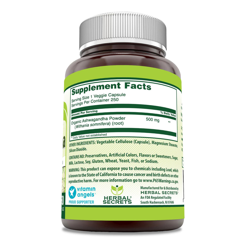 Herbal Secrets Ashwagandha (Made with Natural Ashwagandha) 500 Mg | Veggie Capsules Supplement | Non-GMO | Gluten-Free | Made in USA (1 Pack | 250 Count)