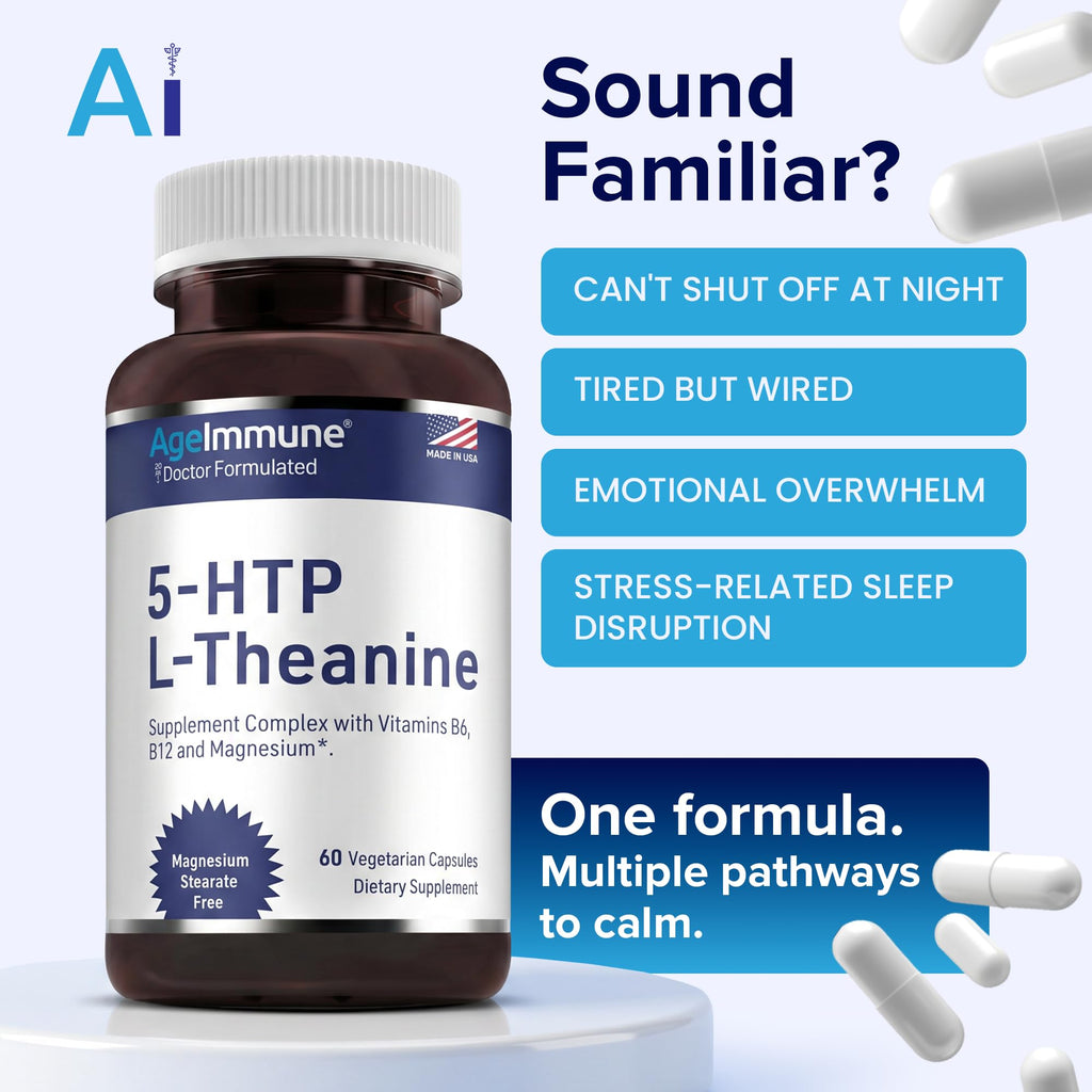 5-HTP 100mg with L-Theanine 400 mg Formula for Stress Relief and Relaxation Support for Teens and Adults with Vitamins B6 - B12 and Magnesium Bisglycinate - Doctor Formulated – without stearates.