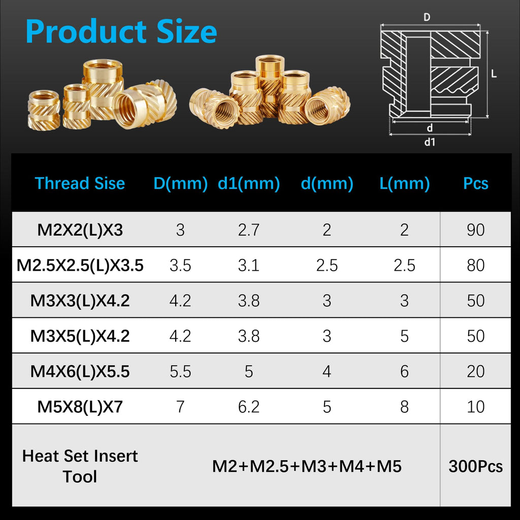 FFVRVSS M2 M2.5 M3 M4 M5 M6 Premium Brass Threaded Inserts, Metric Brass Knurled Nuts Assortment Kit, with Heat Set Insert Tool, for Plastic and 3D Printing Components. (320Pcs M2-M5 Kit+Tools)