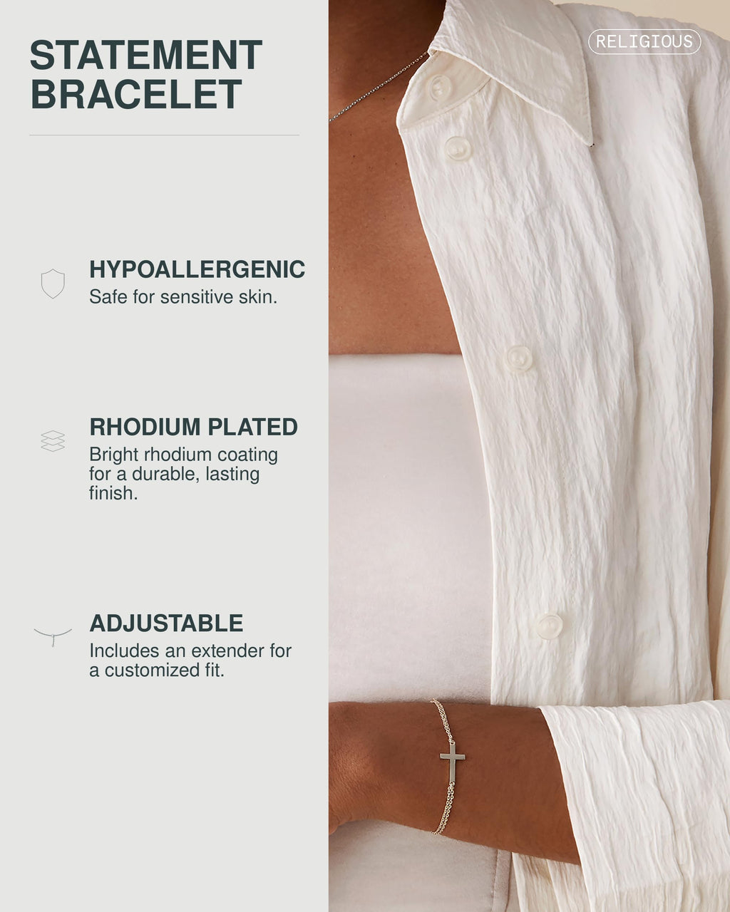 PAVOI Confirmation Simple Jewerly Cross Bracelet for Women, White Gold