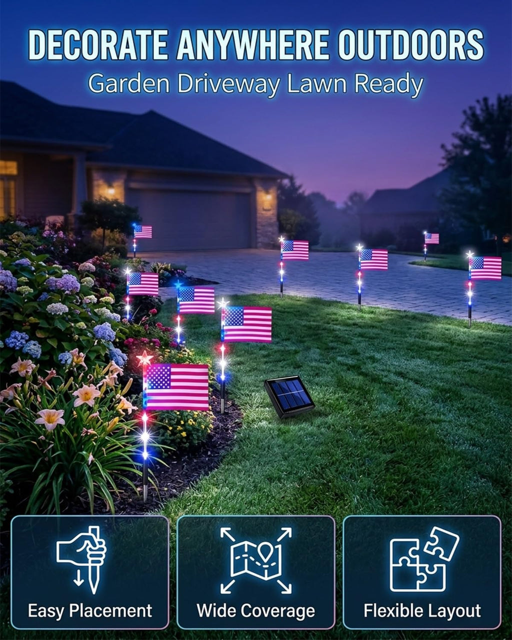 VUHIYOM 8 Piece Flag Light Set, Solar American Flag Lights Outdoor, 4th of July Pathway Stake for 250th Anniversary, Patriotic Red White Blue Decorations for Garden Yard, Waterproof Auto On/Off