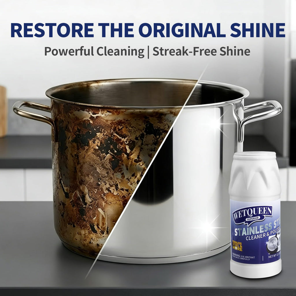 WETQUEEN Stainless Steel Cleaner and Polish Kit - Heavy Duty Cookware Cleanser Powder with 3 Pads - Removes Burnt Stains, Rust, Water Spots & Grease from Pots, Pans, Sinks & Appliances (12.35 oz)