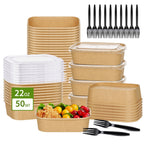 DI QIU REN 50-Pack 22oz Paper Bowls, Disposable Food Containers with Lids and Forks, Rectangular Disposable Salad Bowls for Diet Salad, Pasta (kraft Paper Rectangular, 22oz 50 Count)