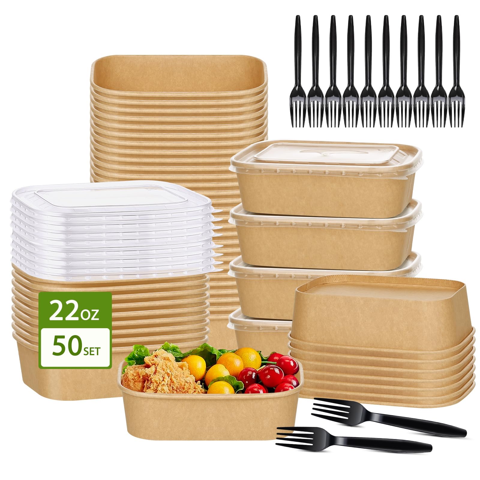 DI QIU REN 50-Pack 22oz Paper Bowls, Disposable Food Containers with Lids and Forks, Rectangular Disposable Salad Bowls for Diet Salad, Pasta (kraft Paper Rectangular, 22oz 50 Count)