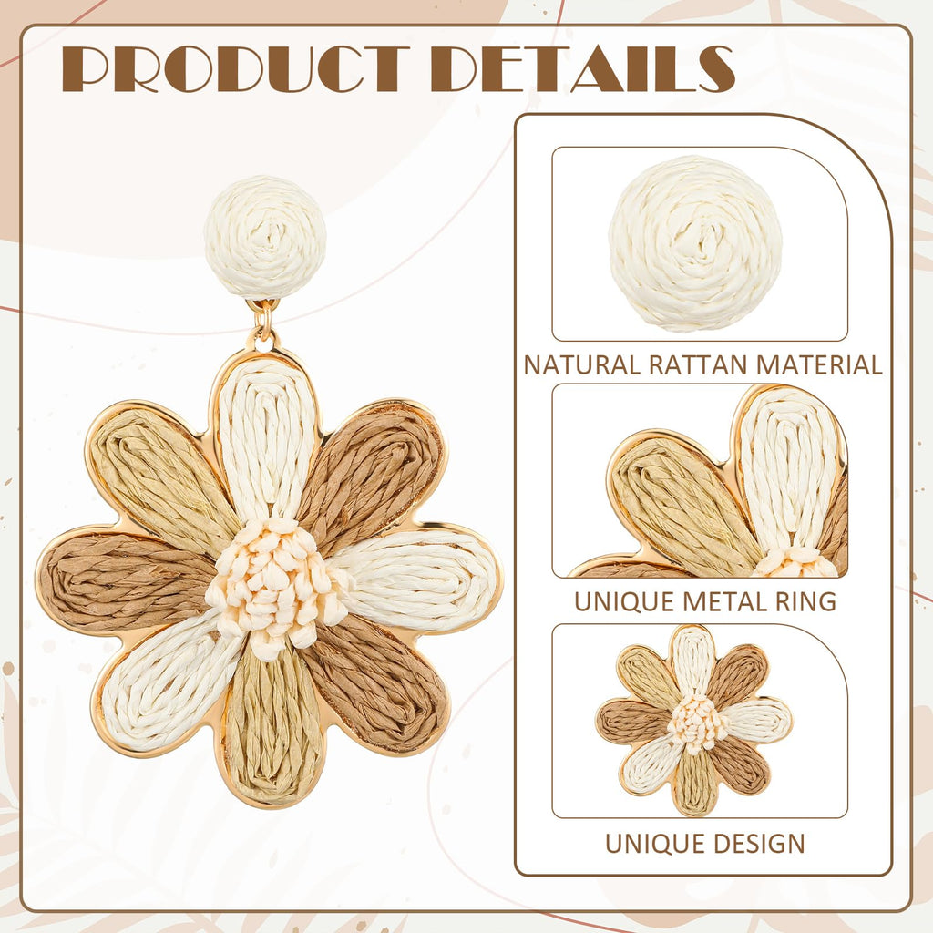 Nosiny 4 Pairs Rattan Earrings Beach Handmade Raffia Earrings Set for Women Bohemian Statement Earring Drop Dangle Summer Starfish Shell Monstera Daisy Flower Jewelry for Party Wedding Daily Travel