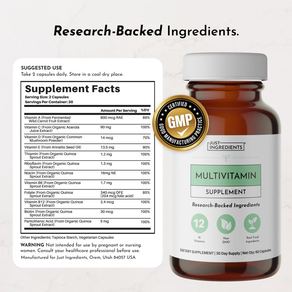JUST INGREDIENTS Multivitamin Supplement - Plant-Based, Vegetarian Capsules, Muscle Growth, Immune Support - 60 Capsules