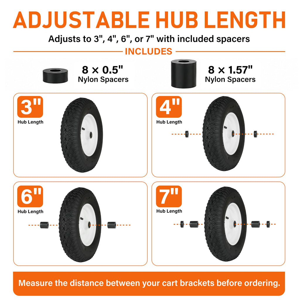 LotFancy 4.80/4.00-8 Tire and Wheel, 2 Pack 16 Inch Pneumatic Wheelbarrow Replacement Wheels, 5/8" Bearings, Adjustable 3" to 7" Centered Hub, for Wheelbarrows, Garden Carts, Yard Wagons