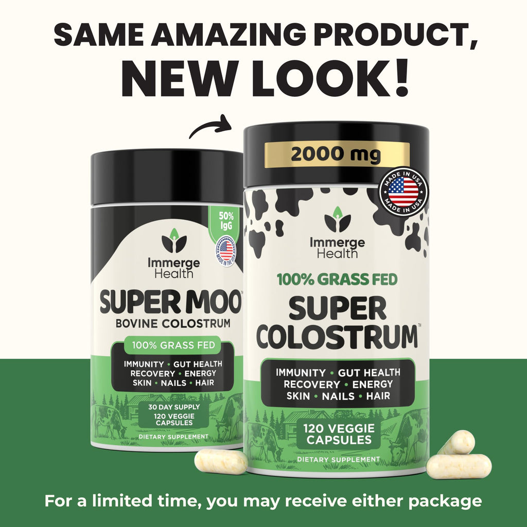 Immerge Health Super Colostrum Capsules - 120 Count High IgG Bovine Supplement for Gut Health, Hair Growth, Bloating & Immunity - 100% Grass Fed First Milking, Tasteless & Travel Friendly, USA Made
