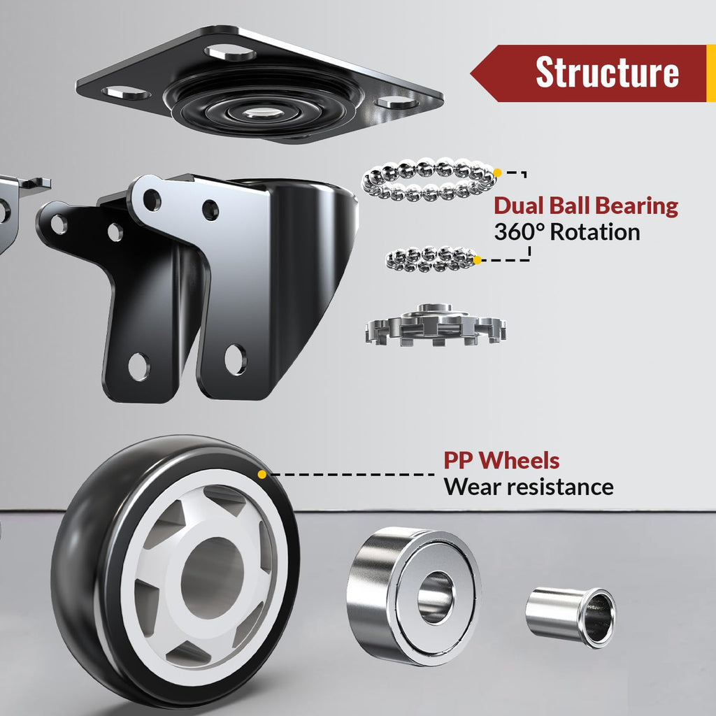 4 inch Heavy Duty Caster Wheels, Set of 8 Swivel Casters with Safety Dual Locking, 2400 lbs Total Capacity, Noiseless Polyurethane Wheels for Workbench, Cart, Industrial (Screws Included)
