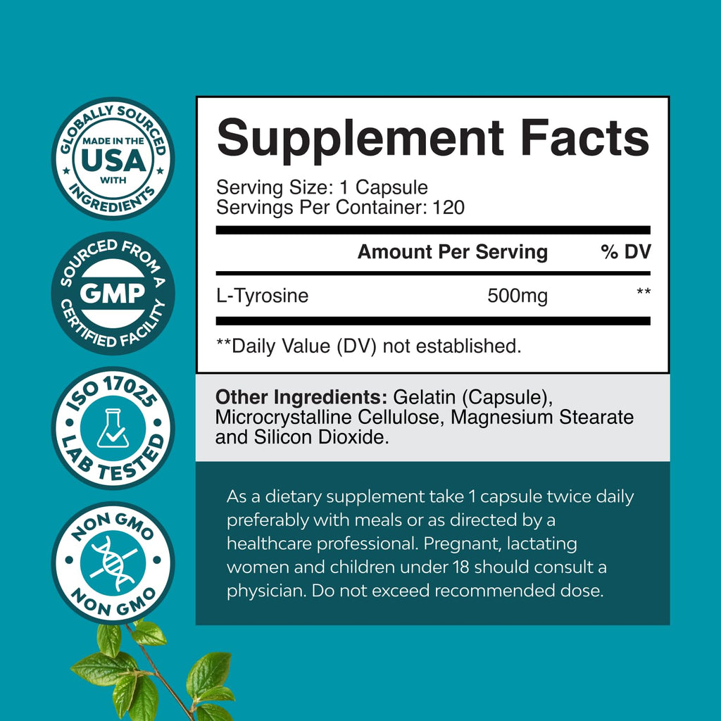 Free Form L Tyrosine 500mg Capsules - High Strength L-Tyrosine Supplement for Mental Energy and Focus Support - Amino Acid Nootropic Supplement for Mood Focus Attention and Cognitive Performance