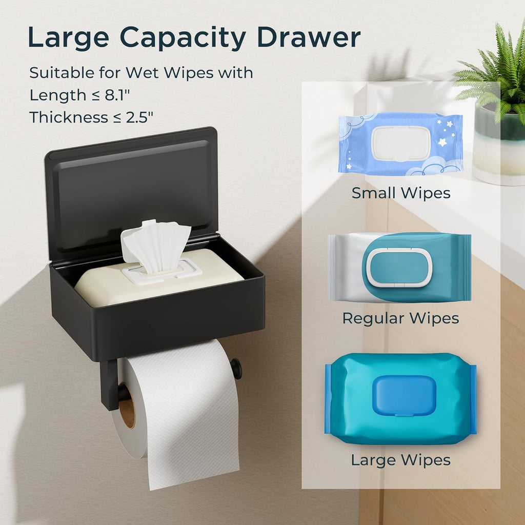 FORIOUS Toilet Paper Holder with Shelf, Wall-Mounted Modern Wipes Dispenser