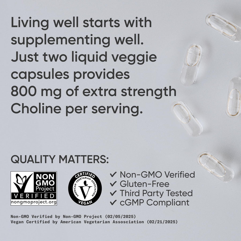 Sports Research® Extra Strength Choline 800 mg - Essential Nutrient Featuring VitaCholine® for Focus Support - Vegan Certified · Non-GMO · Gluten Free - 60 Liquid Capsules