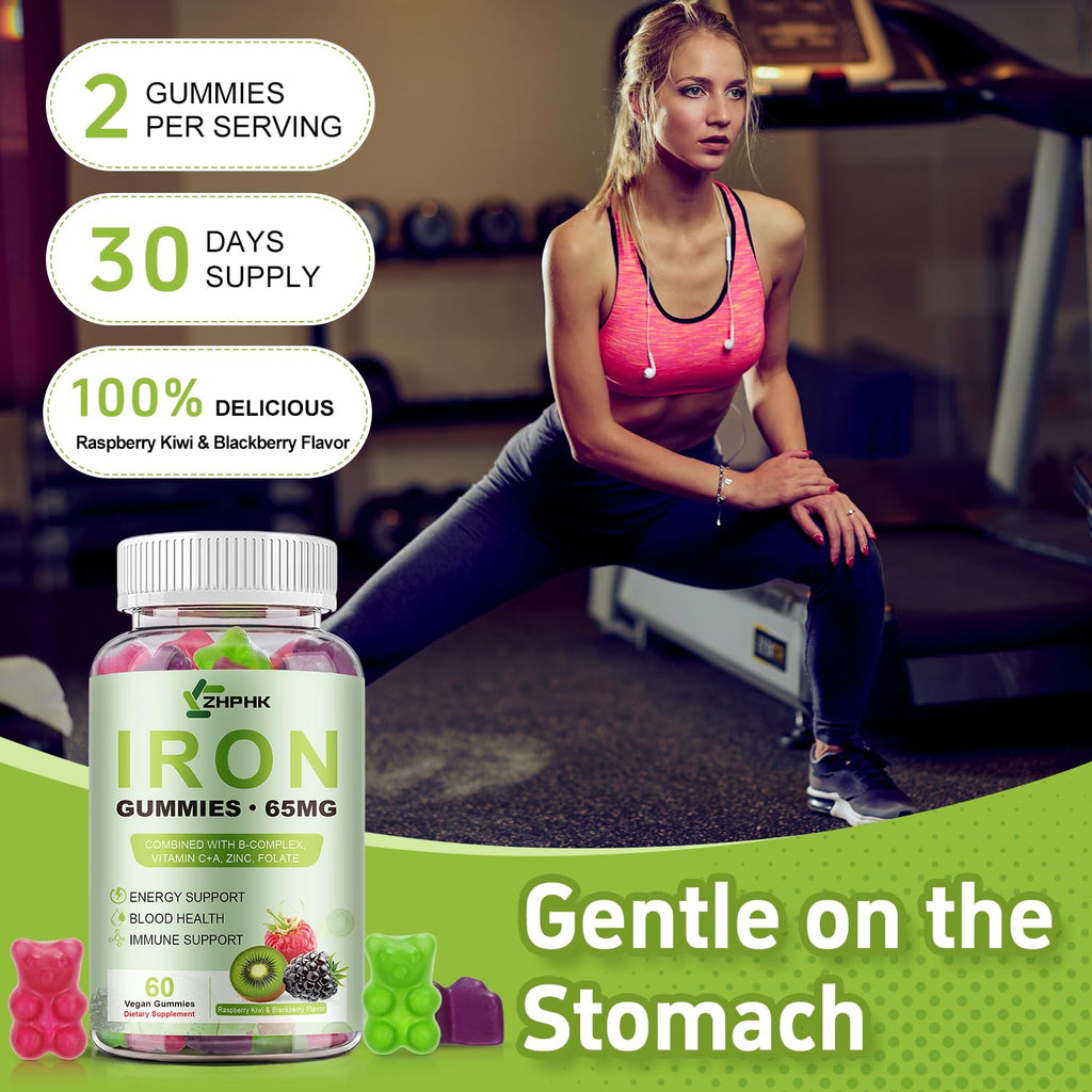 Iron Gummies for Women Men Vitamin Supplement 65mg & Vitamin C 250mg Per Serving with B6 B12 Folate- Energy Support for Iron Deficiency, Anemia, Vegan Raspberry Kiwi & Blackberry Flavor, 120 Gummies