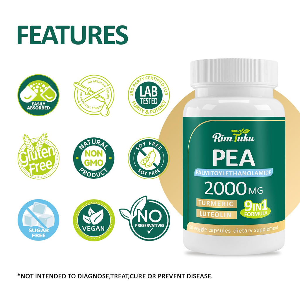 Liposomal Palmitoylethanolamide 2000MG + Luteolin 200MG + Turmeric 200MG & Fisetin 100MG, Micronized Pea 99% Highly Purified Enhanced Absorption Pea Supplement, 120 Capsules