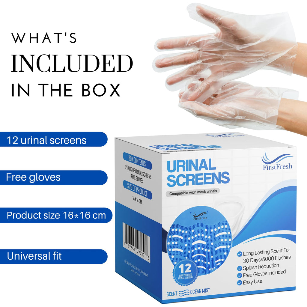 Urinal Screen Deodorizer (12 pack) Ocean Mist Scent, Urinal Cakes Anti-Splash, Urinal Mats Anti-Clogging, Universal Fit, Free Gloves