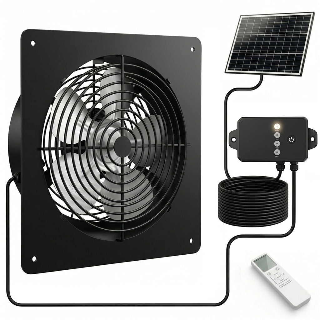 ORQEMG Solar Powered Fan with Battery Backup, 15W Monocrystalline Panel, 12V 4000mAh Control Box, Remote Control, 3 Modes, Adjustable Speed Ventilation Fan for Chicken Coop, Greenhouse, Shed, Attic
