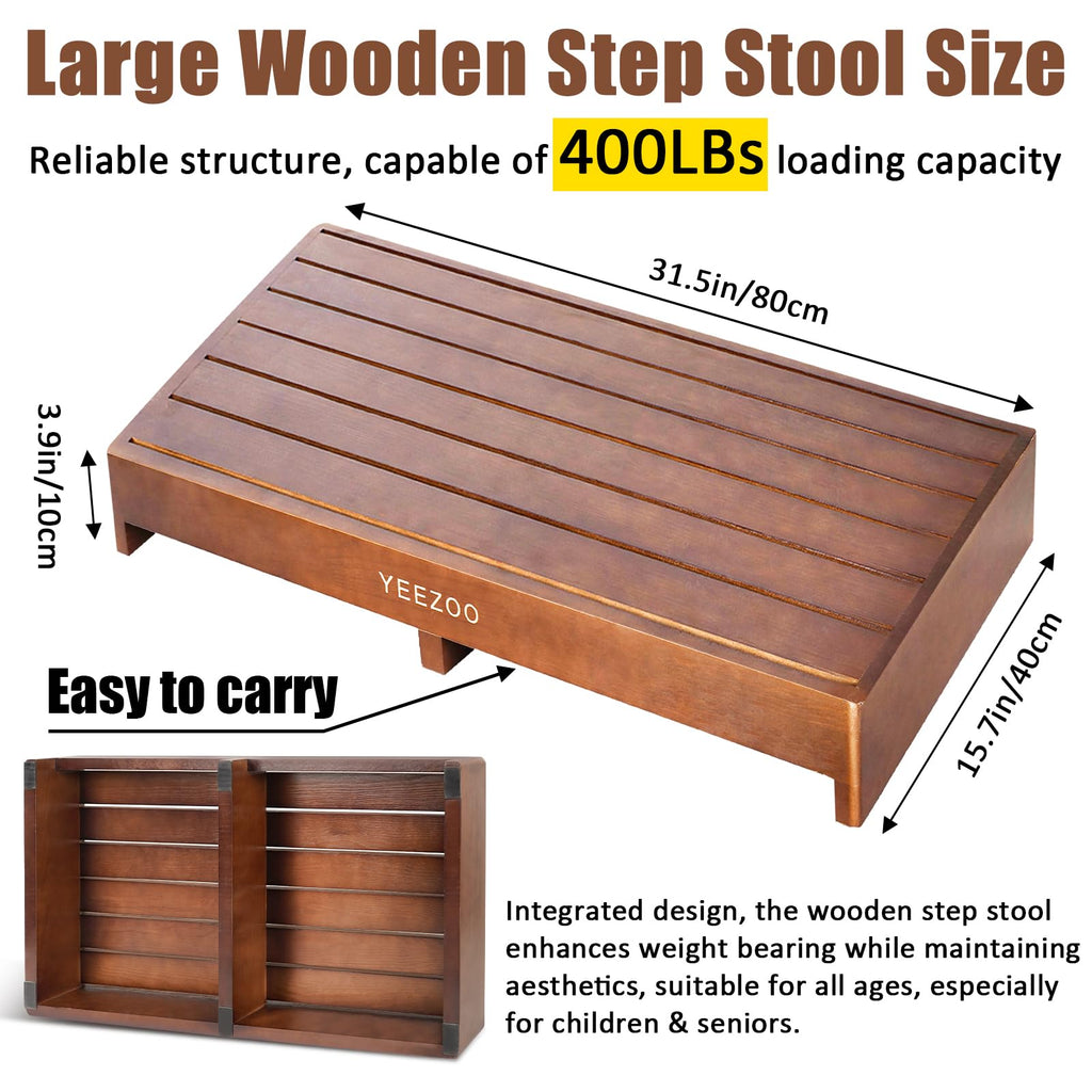 Wooden one Step Stool- Solid Pine Wood Step Riser with Non-Slip Pads, Wood Step Stool for Elderly Adults, high Bed, Bathroom, Kitchen (31.5" L*15.7" W*3.9" H, Brown, 400LBs Capacity)