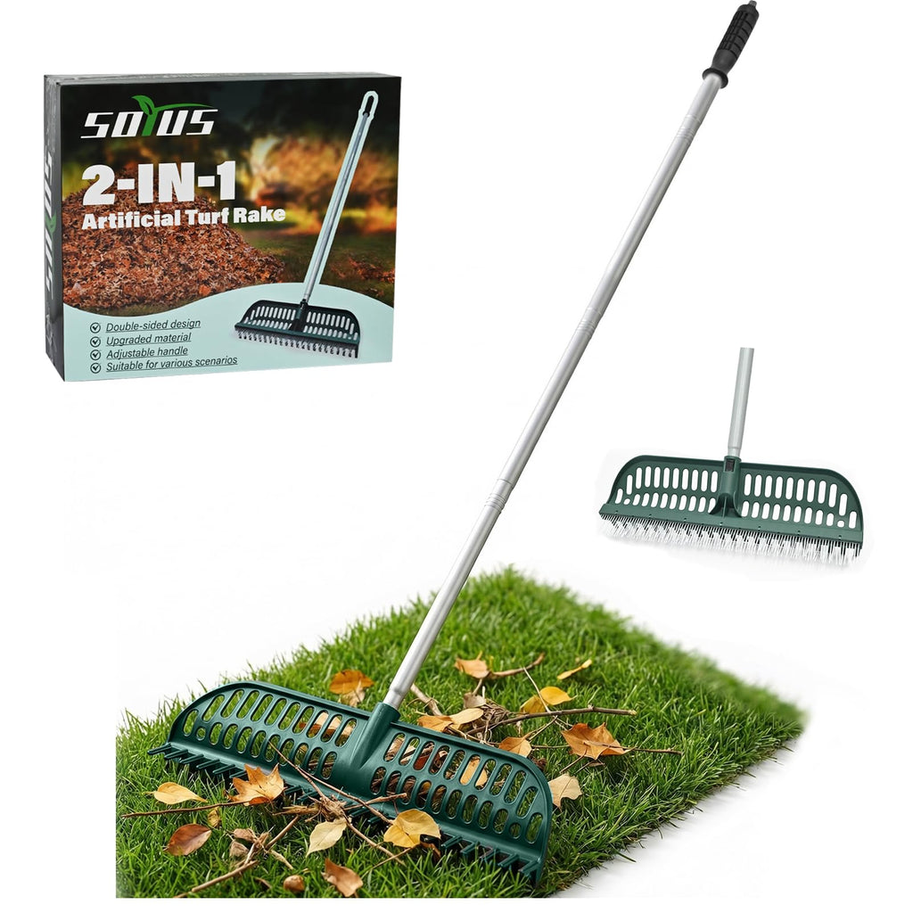 SOYUS Artificial Turf Rake, 2-in-1 Turf Sweeper for Carpets & Garden Lawns