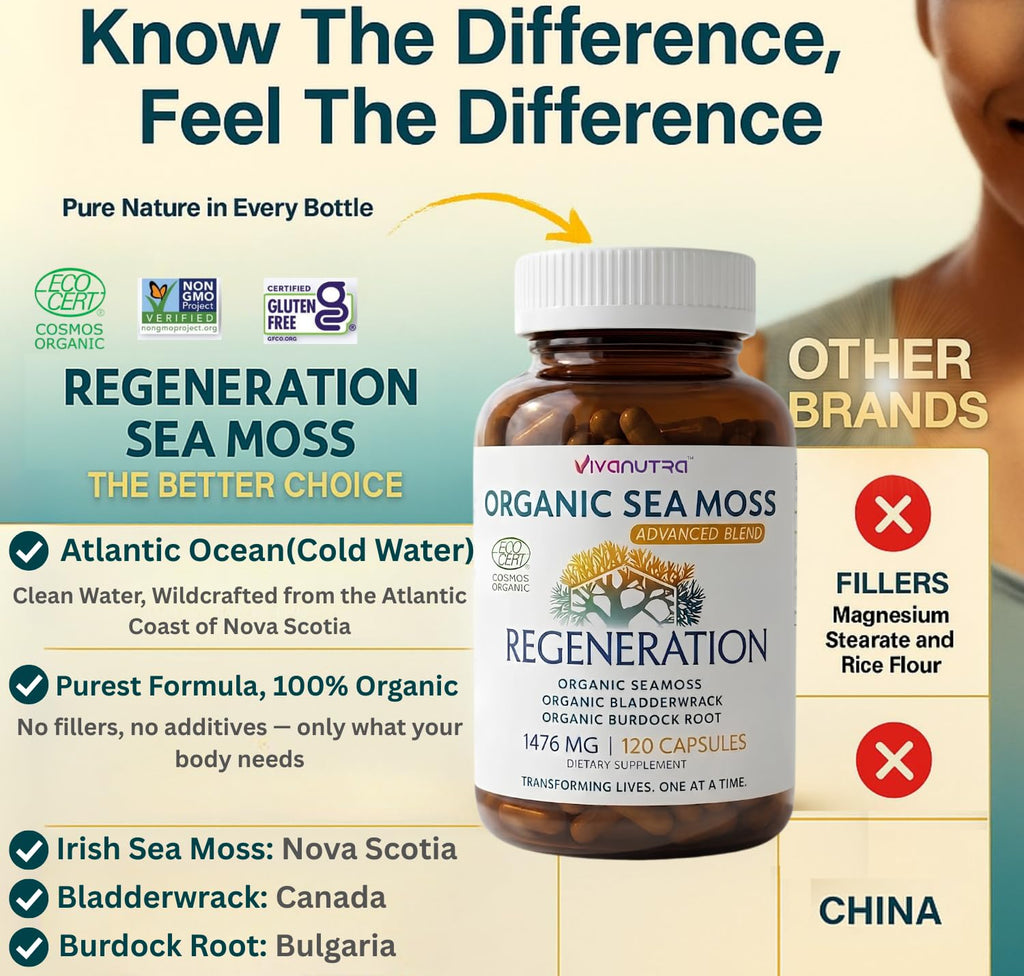 VIVANUTRA Organic Wildcrafted Sea Moss Capsules, 1476mg, Nova Scotia, 120ct