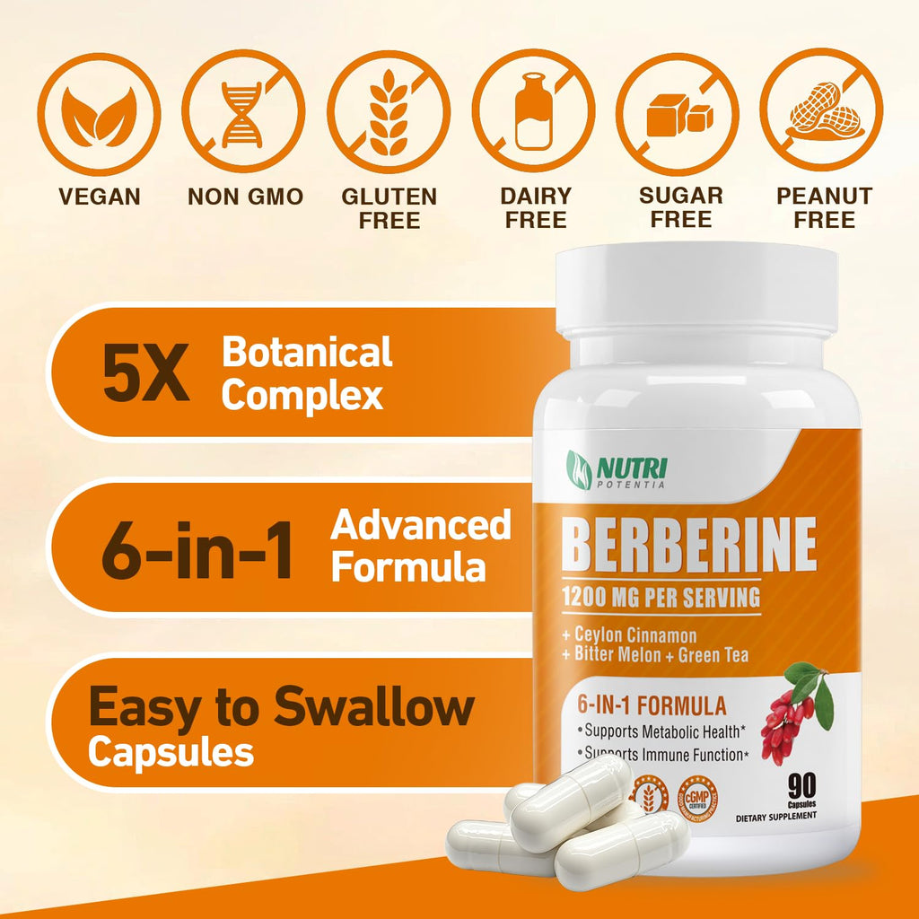 Organic Berberine Supplement-Berberine with Ceylon Cinnamon, Bitter Melon & Green Tea Extract, Supports Cholesterol Health & Immune Function. Third-Party Tested(Made & Tested in USA)-90 Capsules