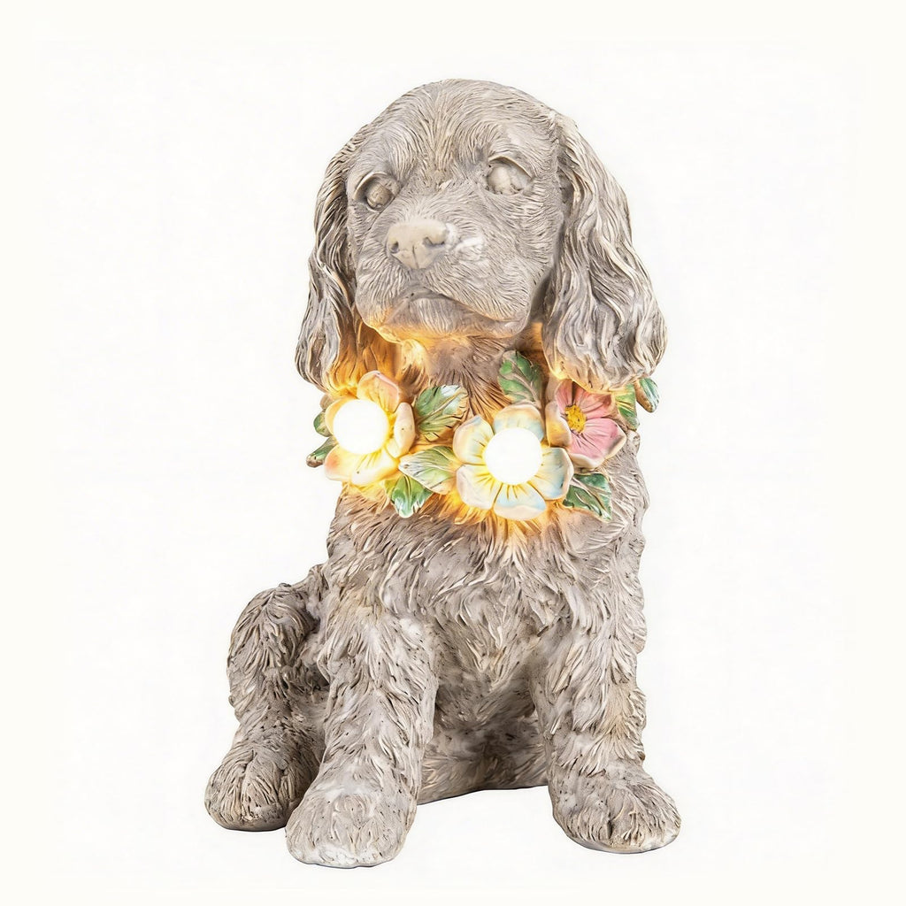 Dog Garden Statue, Solar Cocker Spaniel with Lighted Garland Yard Ornaments