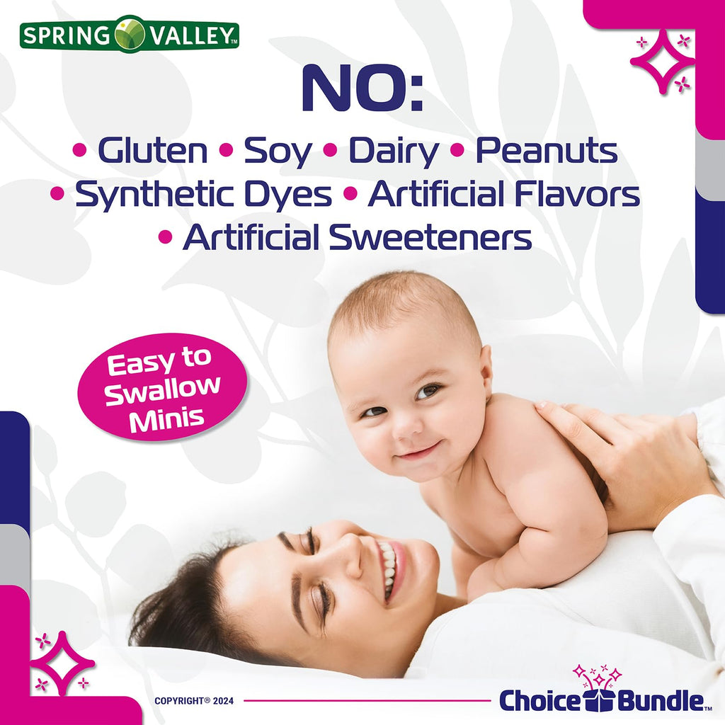 Choice Bundle Spring Valley Prenatal Multi + DHA Complete Multivitamin Multimineral Supplement Mini Softgels 120 Ct 3 pk (360 Total) + Vitamin Guide & Pill Container (5 Items)!