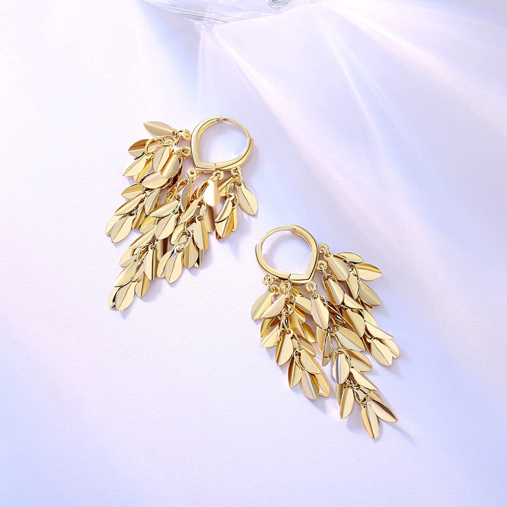 Hius 18K Gold Plated Sparkle Leaf Hoop Dangling Earrings for Women