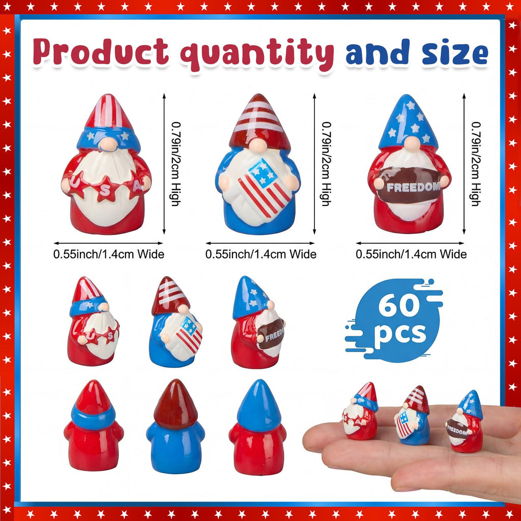 Geelin 60 Pcs Patriotic Gnomes Figurines Mini Red White Blue Gnomes Resin Ornament, Tiny Gnome Table Centerpieces Decorations for 250th Anniversary Independence Day Decor USA Party Favors