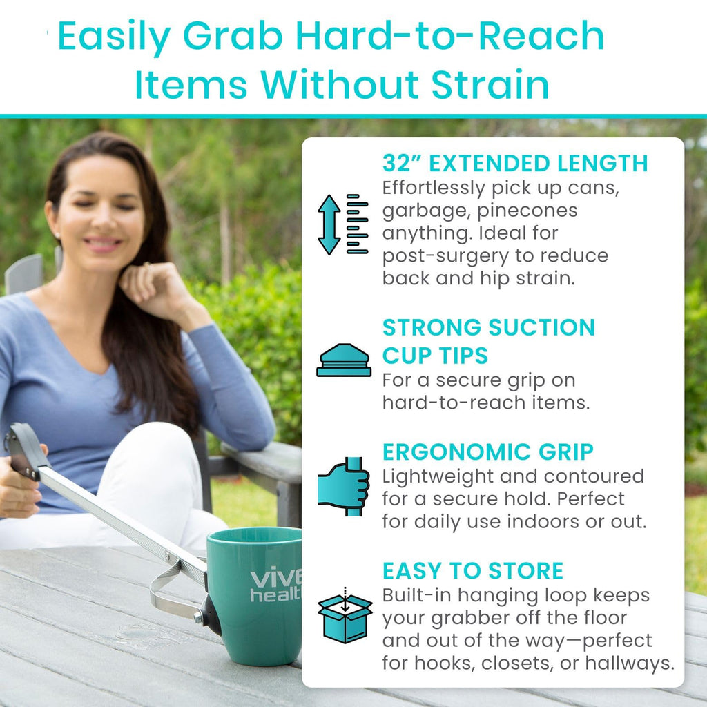 Vive Suction Cup Grabber Reacher 32" (2 Pack) - Elderly Grab It Reaching Pickup Tool Heavy Duty for Seniors - Trash, Sticks, Litter Picker Upper - Extra Long Reach Handle & Handy Extension Arm Claw