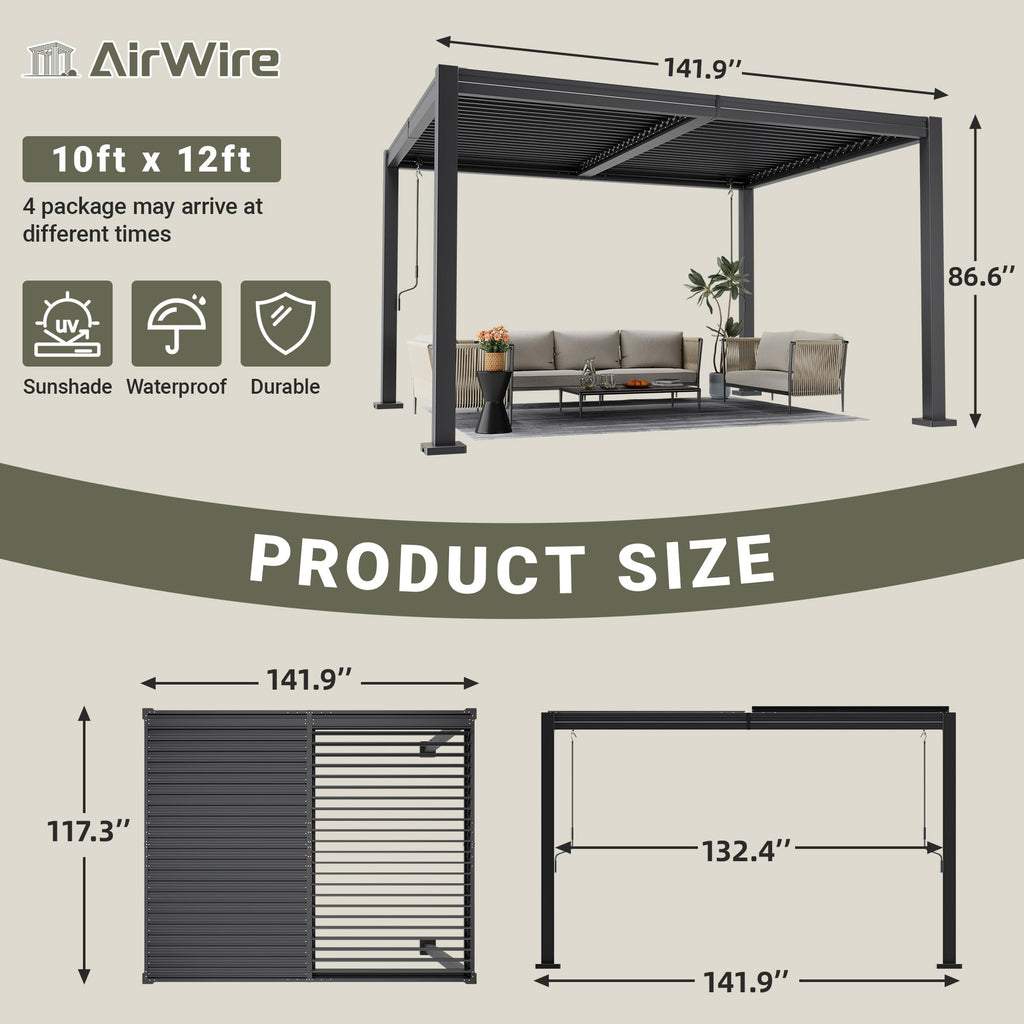 AirWire 10x12 FT Louvered Pergola Dark Gray