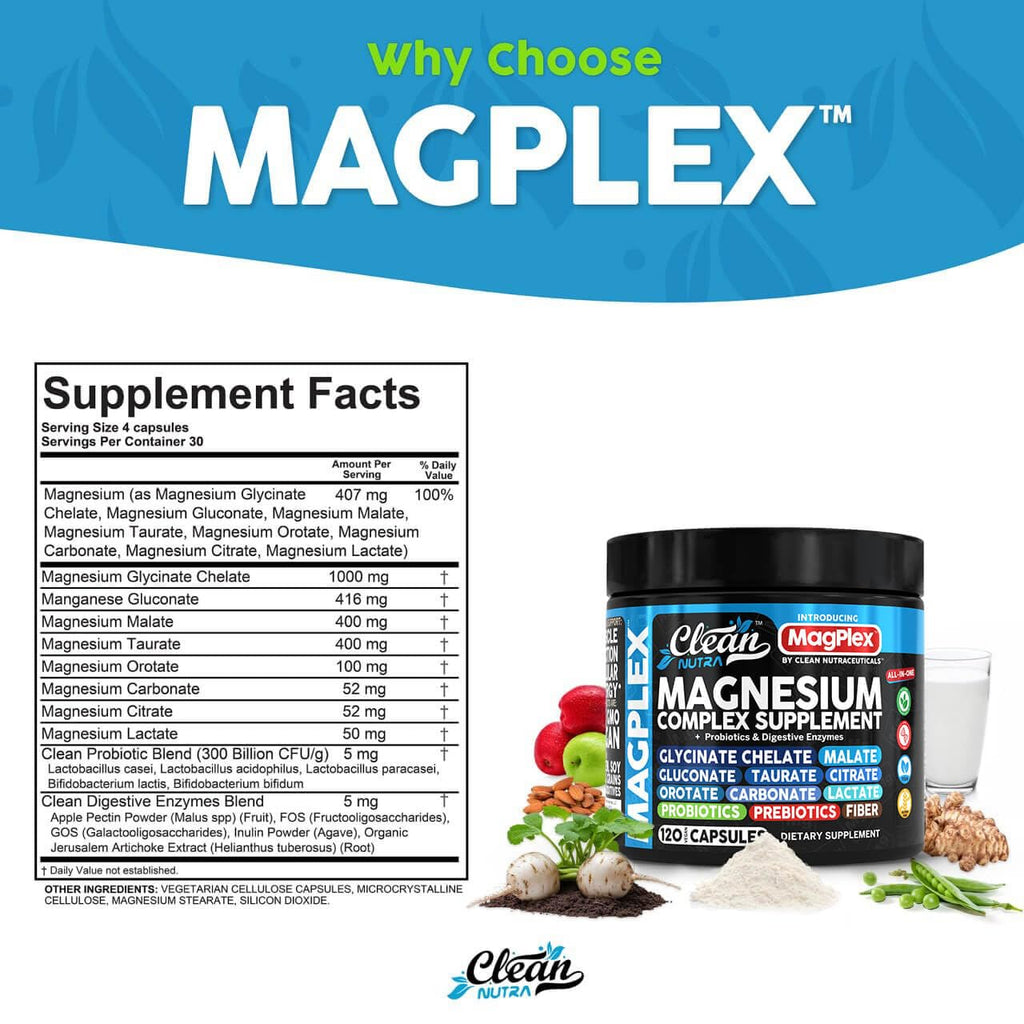 8in1 Magnesium Supplement Complex | Magnesium Glycinate Citrate Malate Gluconate Orotate Carbonate Lactate + Prebiotics Probiotics Digestive Enzymes Magnesio Capsules for Women Men by Clean Nutra