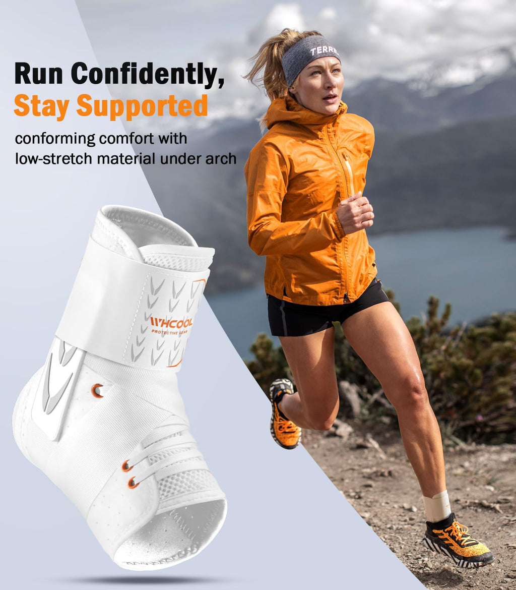 WHCOOL Slim-Fit Ankle Brace for Sprained Ankle, Quick Lace Up Ankle Support for Women Men with 2 Auto-Shaped Pads, Air Fabric Cool Ankle Stabilizer for Injury Recover, Running,Sports,White，XL