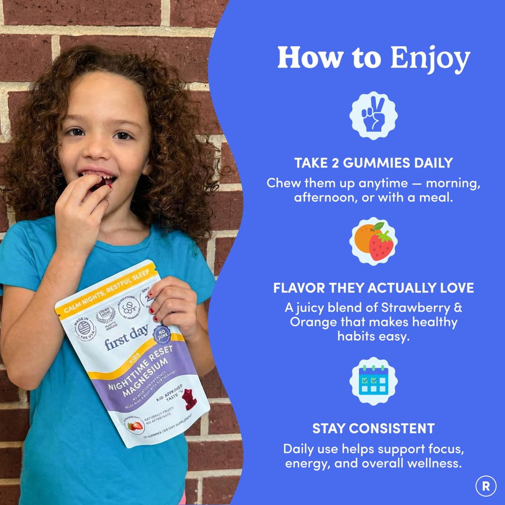FIRST DAY Kids Magnesium Citrate Gummies (Ages 4+) with No Melatonin | Calm Kids Magnesium Gummies | Bedtime Supplement for Better Sleep with Suntheanine® L-Theanine | Strawberry | 30-Days Supply