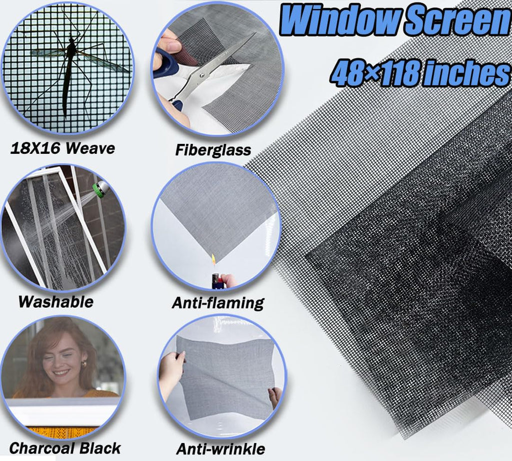 King&Charles Window Screen Door Repair/Replacement Kit, Include Black Screen Mesh 48"x118"+ 2 Roller+50Ft Spline+8Clips+Hook, 6 in 1 Window Mesh Kit, Steel/Nylon Bearing Roller