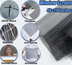 King&Charles Window Screen Door Repair/Replacement Kit, Include Black Screen Mesh 48"x118"+ 2 Roller+50Ft Spline+8Clips+Hook, 6 in 1 Window Mesh Kit, Steel/Nylon Bearing Roller