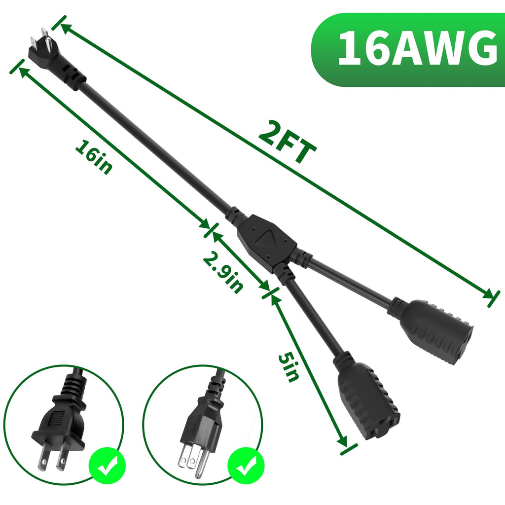 Elecan 3-Prong Y Splitter Power Extension Cord 2 FT/2 Pack, 90-Degree Angled Flat Plug 1 to 2 Way Outlet Space Saver, Heavy Duty Weatherproof SJTW, 16AWG 13A,5-15P Cable Extender for Indoor Outdoor-UL