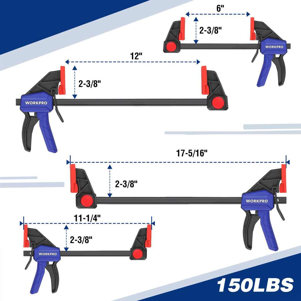 WORKPRO 10-Pack Bar Clamps for Woodworking, 6-Inch (2) Mini & (2) Light Duty and 12-Inch (2) Wood Clamps & 4-1/2-Inch (4) Spring Clamps, F Clamp with 50/150 LBS Load Limited
