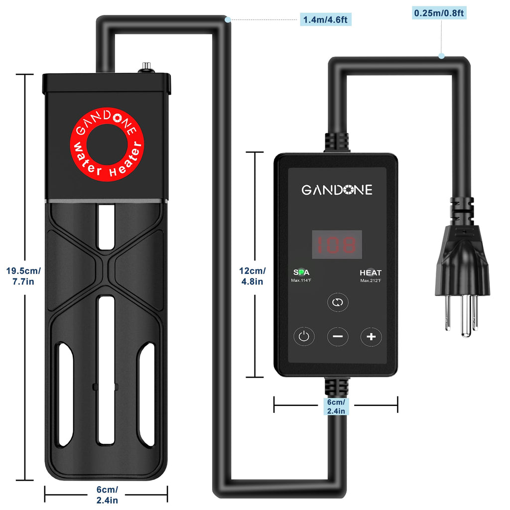 GANDONE Dual Spa Water Heater, Portable Hot Tub Immersion Water Heater Cast Aluminum Submergible mit Temperature Sensor and Digital Display for Bathtub