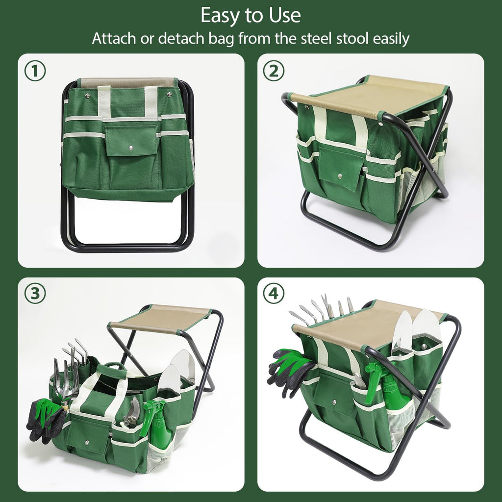 HoHaing Garden Tool Set, 10 Piece Kit with Heavy Duty Folding Stool, Detachable Storage Tote Bag, Stainless Steel Tools, Gifts for Women Men Green