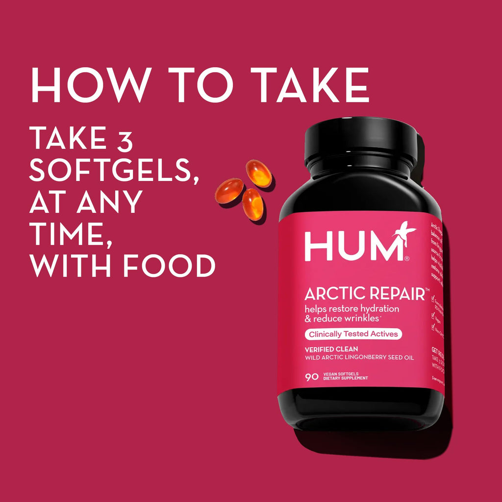 HUM Arctic Repair Clear Skin Supplement with Omega 3, Vitamin E, A, and Lingonberry Seed Oil, Skin Repair with Omega 3 6 9 to Help Support Appearance of Wrinkles & Hydrate, 90 Vegan Softgels